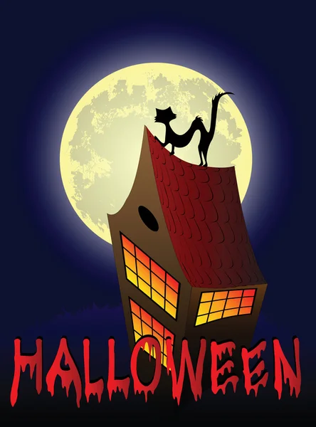 Fondo de Halloween con casa, gato y luna — Vector de stock