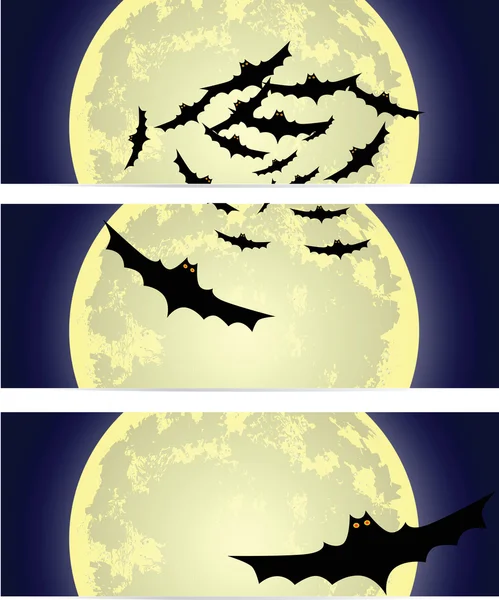 Tres pancartas de Halloween con la luna y los murciélagos — Vector de stock