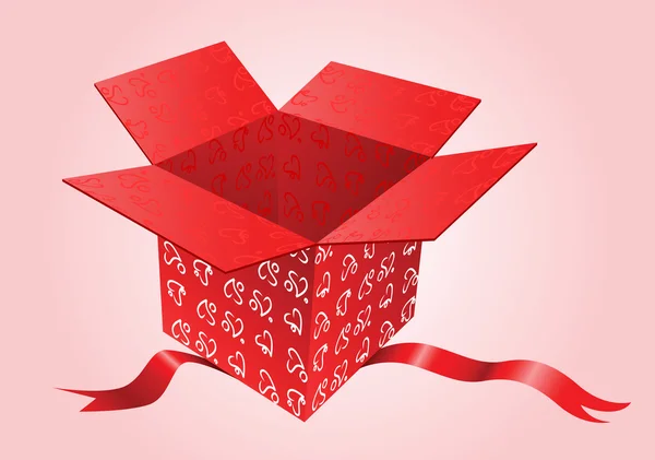 Caja regalo abierta roja con corazones — Vector de stock