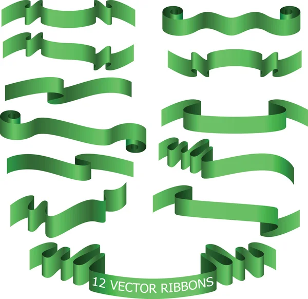 Szett 12 különböző zöld szalagok — Stock Vector