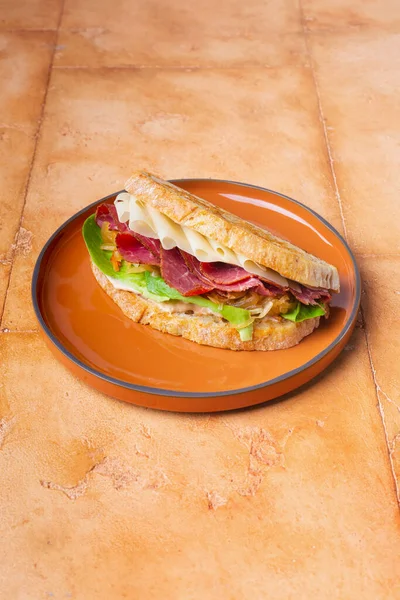 Sandwich sain à la dinde avec viande d'avocat et fromage dans une assiette ronde — Photo