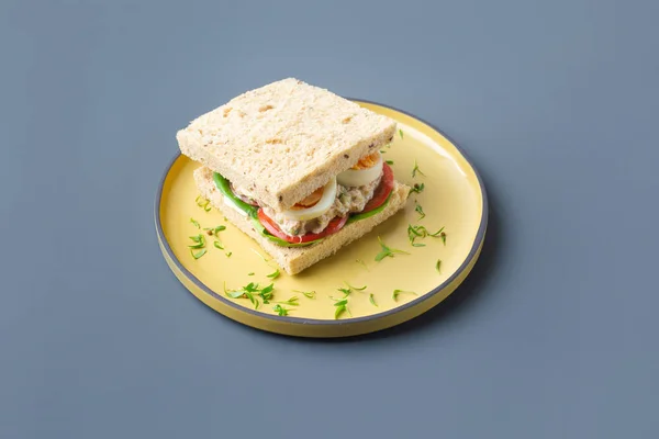 Sandwich au thon sain aux œufs tomate et salade en assiette jaune sur fond gris tendance — Photo