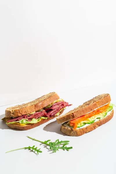Deux sandwichs au saumon, jambon, fromage et salade à l'ombre grise foncée — Photo