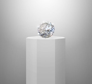 Parlak beyaz kürsüde göz kamaştırıcı bir elmas. Beyaz arka plandaki spot ışıklarıyla kaideyi aydınlatan kavram