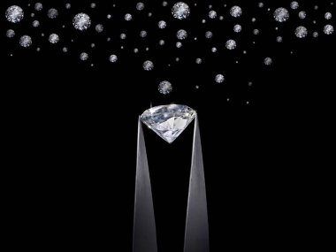 Elmaslar cımbızla kaplanmış siyah arka planda, elmas grubu yumuşak odaklı.