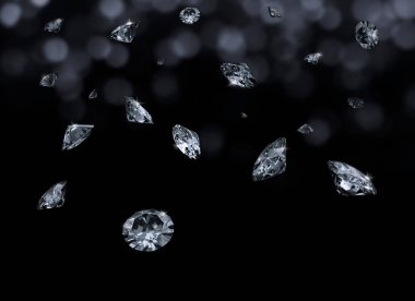 Siyah arka plan üzerine düşen 3d elmas