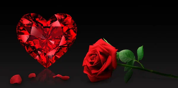 Diament Kształcie Serca Walentynkową Romantyczną Czerwoną Różą — Zdjęcie stockowe