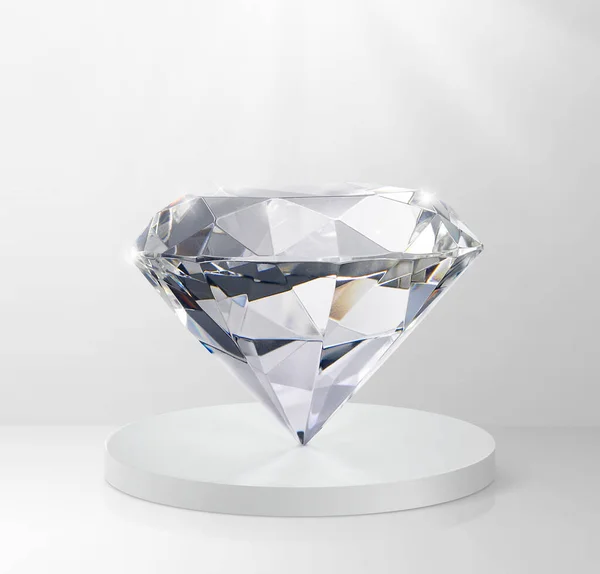 Diamant Éblouissant Sur Podium Rond Blanc Brillant Concept Socle Éclairé — Photo