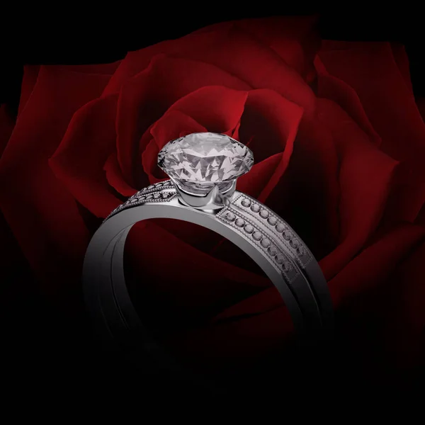 Primer Plano Elegante Anillo Diamantes Fondo Hermosa Rosa Roja — Foto de Stock