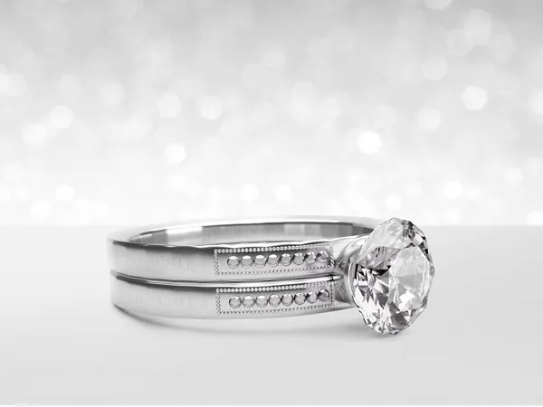 Närbild Elegant Diamant Ring Vit Lysande Bokeh Bakgrund Koncept För — Stockfoto