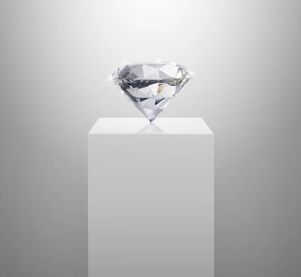 Diamant Éblouissant Sur Podium Piédestal Blanc Brillant Concept Socle Éclairé — Photo