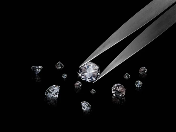 Diament Pęsety Czarnym Tle Diamentami Grupa Miękkie Ogniskowanie — Zdjęcie stockowe