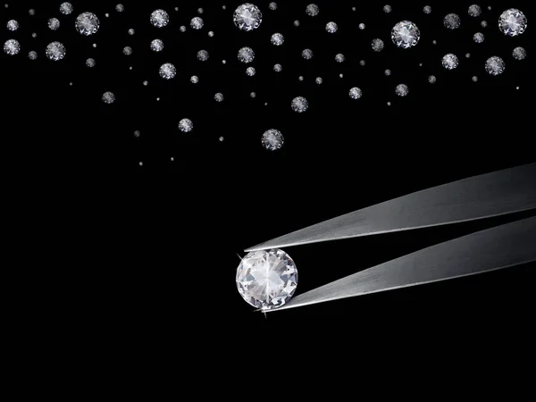 钻石镶嵌在镊子中 黑色背景 钻石群的软聚焦 — 图库照片