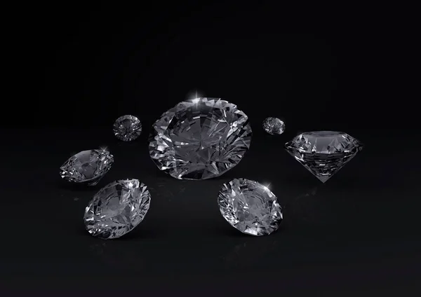 一组在黑色背景上闪闪发光的钻石 3D渲染 — 图库照片