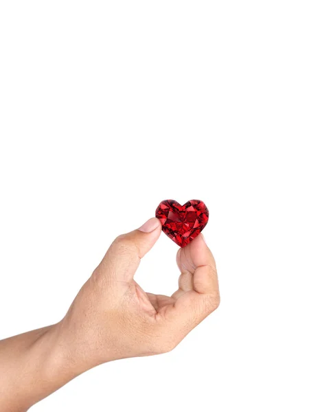 Mano Que Sostiene Diamante Forma Corazón Aislado Sobre Fondo Blanco — Foto de Stock