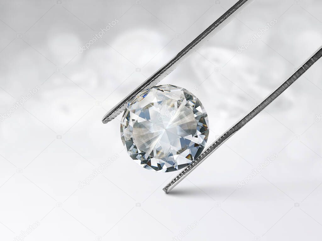 Dazzling diamond in tweezer on white shining bokeh background. concept for chossing best diamond gem design