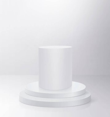 Beyaz renkli, yuvarlak podyum. 3D sergi gösterimleri. Spot ışığı kaideyi aydınlatır. 3 Boyutlu Hazırlama