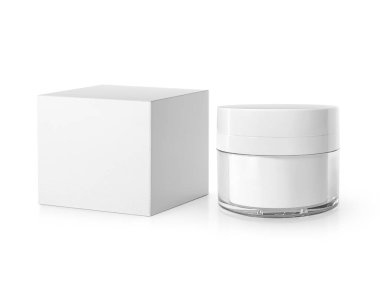 Beyaz arkaplanda izole edilmiş ambalaj kutusu modeliyle kozmetik kavanoz