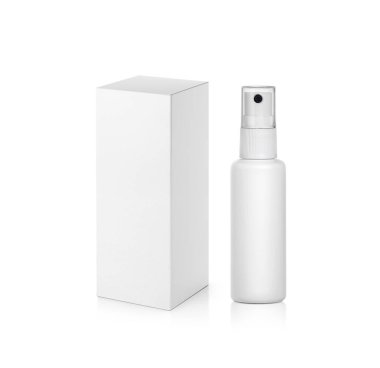 Plastik sprey şişeleri ve beyaz arka planda izole edilmiş beyaz karton kutu ambalaj tasarımı için hazır.