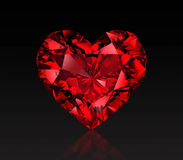 Diamante Rojo Forma Corazón Aislado Sobre Fondo Negro Renderizado — Foto de Stock