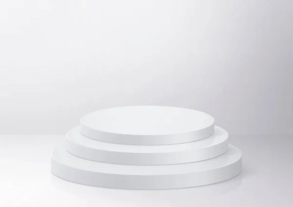 光沢のある白い円形の台座の表彰台 白を背景にスポットライトで台座を照らしたコンセプト 3Dレンダリング — ストック写真