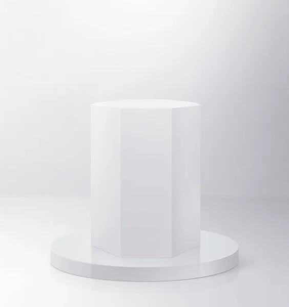 Fehér Nyolcszög Üres Henger Alakú Kiállítási Kijelzők Reflektorfény Megvilágítja Talapzatot — Stock Fotó