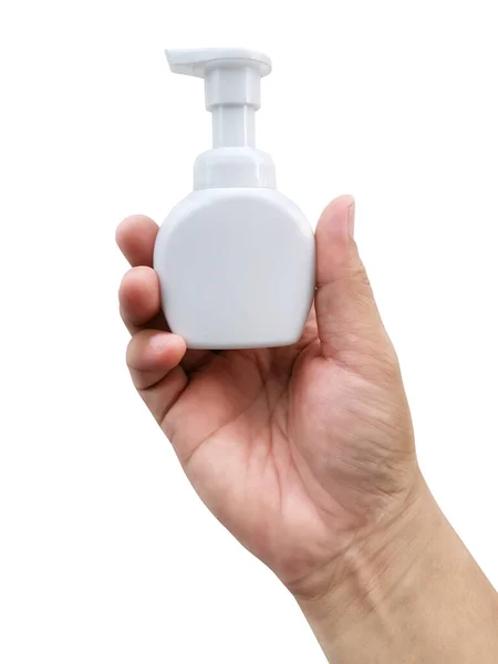 Ένα Μπουκάλι Υγρό Σαπούνι Στο Χέρι Απομονωμένο Λευκό Φόντο — Φωτογραφία Αρχείου