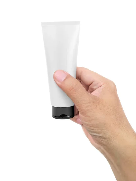 Hand Houden Cosmetische Plastic Buis Geïsoleerd Witte Achtergrond — Stockfoto