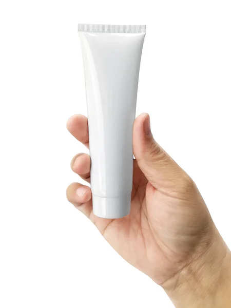 Hand Houden Cosmetische Plastic Buis Geïsoleerd Witte Achtergrond — Stockfoto