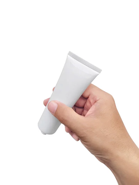 Mão Segurando Tubo Plástico Cosmético Isolado Fundo Branco — Fotografia de Stock