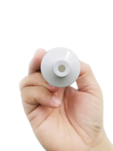 Hand Innehav Kosmetisk Plast Röret Isolerad Vit Bakgrund — Stockfoto