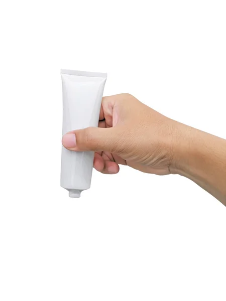 Ruční Držení Kosmetické Plastové Trubice Izolované Bílém Pozadí — Stock fotografie
