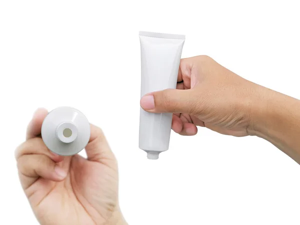 Ręczne Trzymanie Kosmetyczna Plastikowa Rurka Izolowana Białym Tle — Zdjęcie stockowe