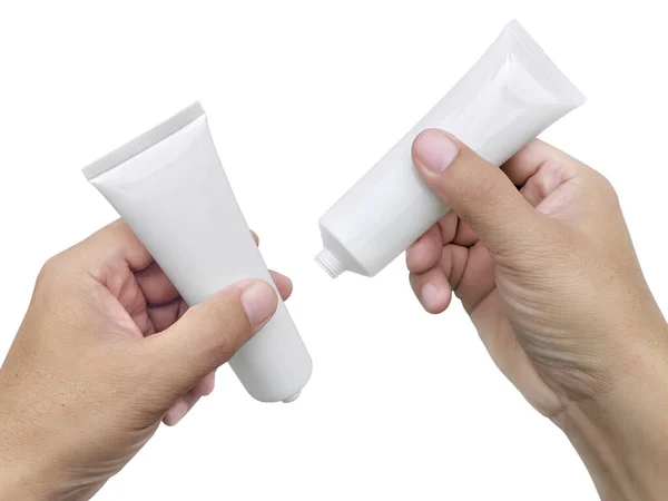 Hand Holding Cosmetic Plastic Tube Isolated White Background — Stock Photo, Image