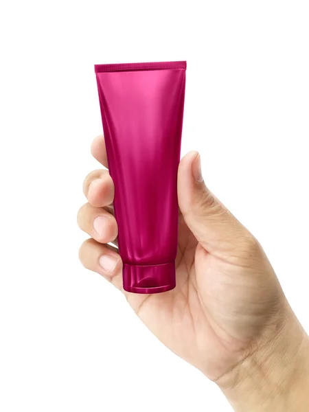Hand Houden Cosmetische Plastic Buis Geïsoleerd Witte Achtergrond — Stockfoto