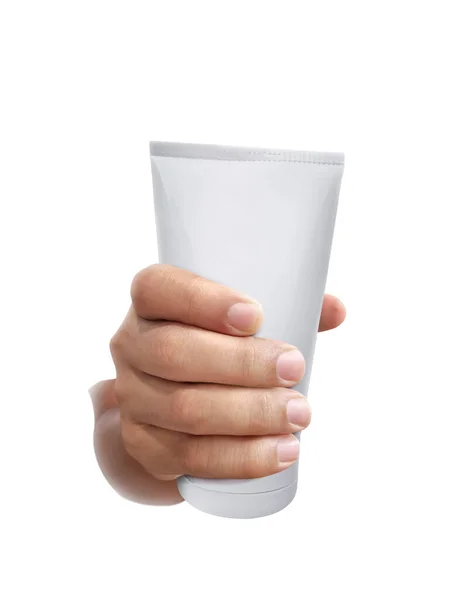 Hand Houden Cosmetische Plastic Buis Geïsoleerd Witte Achtergrond — Stockfoto