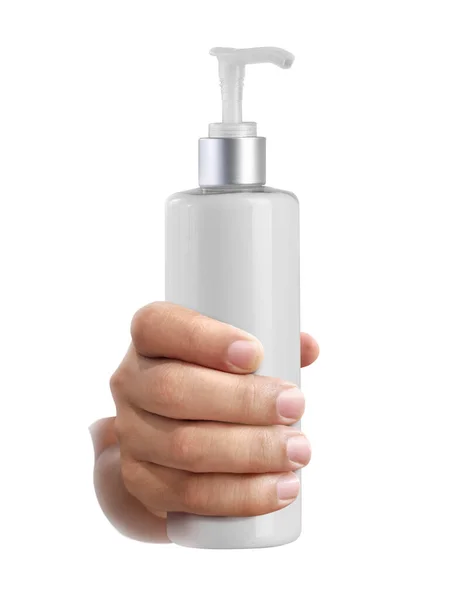 Ręka Butelki Kosmetycznej Izolowane Białym — Zdjęcie stockowe