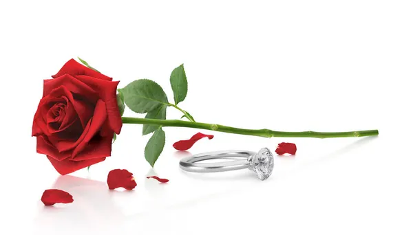 Red Rose Elegant Diamond Ring White Background Stock Photo