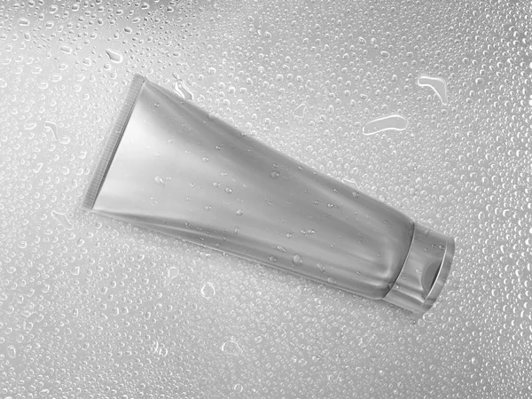 Silber Metallischer Kunststoff Kosmetikschlauch Für Creme Oder Gel Auf Wassertropfen — Stockfoto