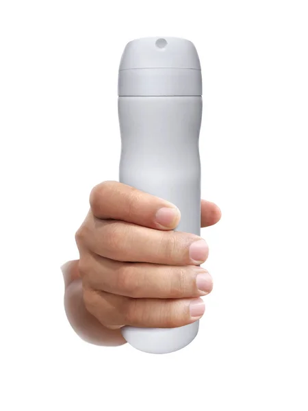 Біла Пляшка Спрею Руці Ізольована Білому Тлі — стокове фото
