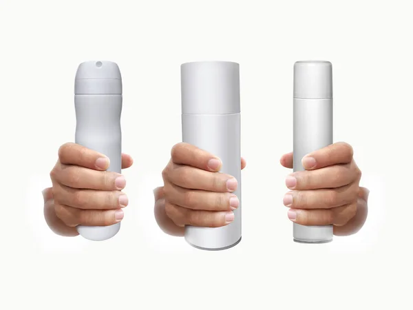 Frasco Spray Branco Mão Isolado Fundo Branco — Fotografia de Stock
