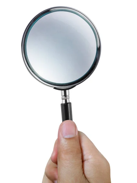 Hand Hålla Ett Förstoringsglas Isolerad Vit Bakgrund — Stockfoto