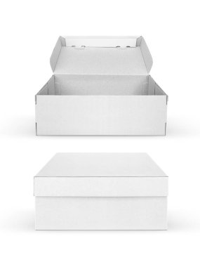 Beyaz arkaplanda izole edilmiş boş kutu ve açık kutu