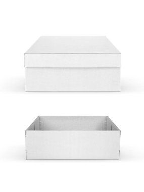 Beyaz arkaplanda izole edilmiş boş kutu ve açık kutu