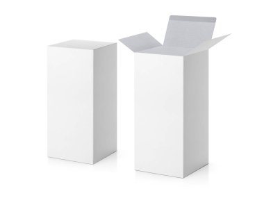 Beyaz arka planda ambalaj tasarımı için hazır izole boş ambalaj beyaz karton kutu