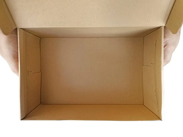 Dostawca Trzyma Kartonowe Pudełka Białym — Zdjęcie stockowe