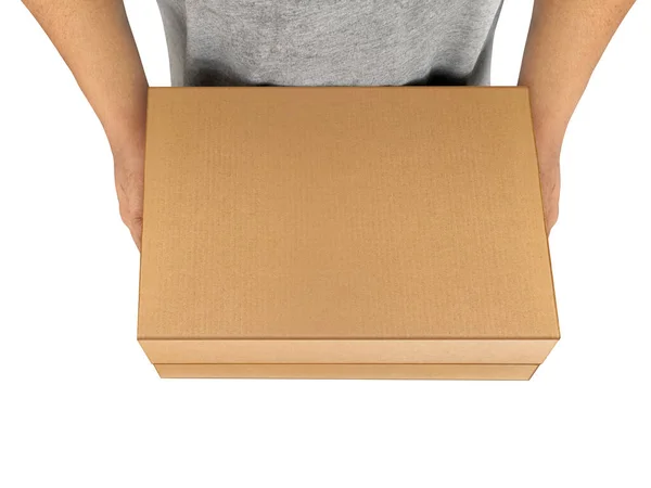 Entrega Homem Segurando Caixas Papelão Isolado Branco — Fotografia de Stock
