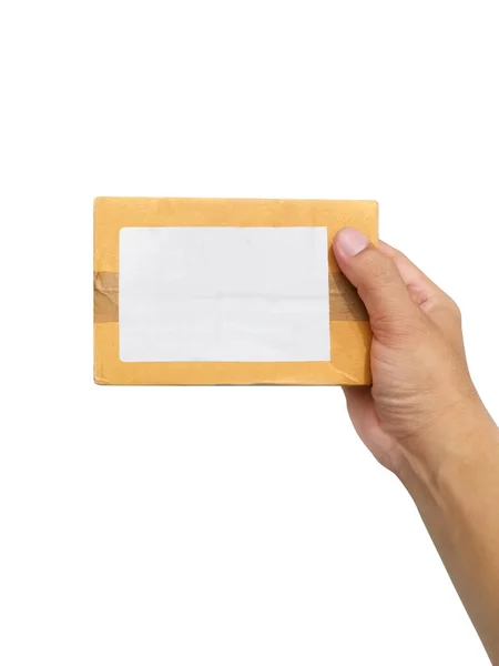 Mão Segurando Caixa Papel Marrom Pacote Isolado Fundo Branco — Fotografia de Stock