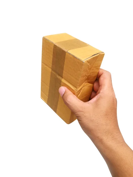 Hand Hält Braunes Pappkarton Paket Isoliert Auf Weißem Hintergrund — Stockfoto