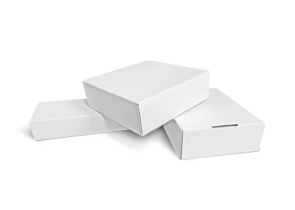 Conjunto Embalagem Branco Caixa Papelão Branco Isolado Fundo Branco Pronto — Fotografia de Stock